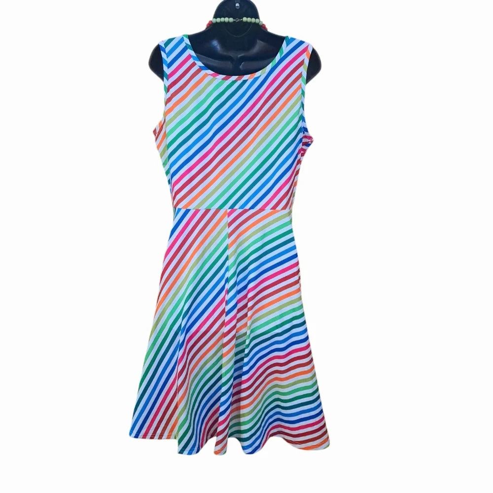Colorful Diagonal Striped Fit Flare Dress Women's Size XL Classic Dainty Summer - Picture 6 of 11